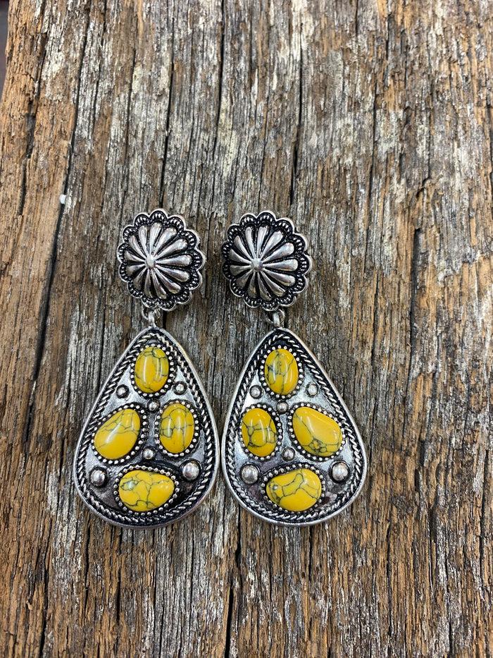 Western Earrings - Concho Tear Drop Yellow