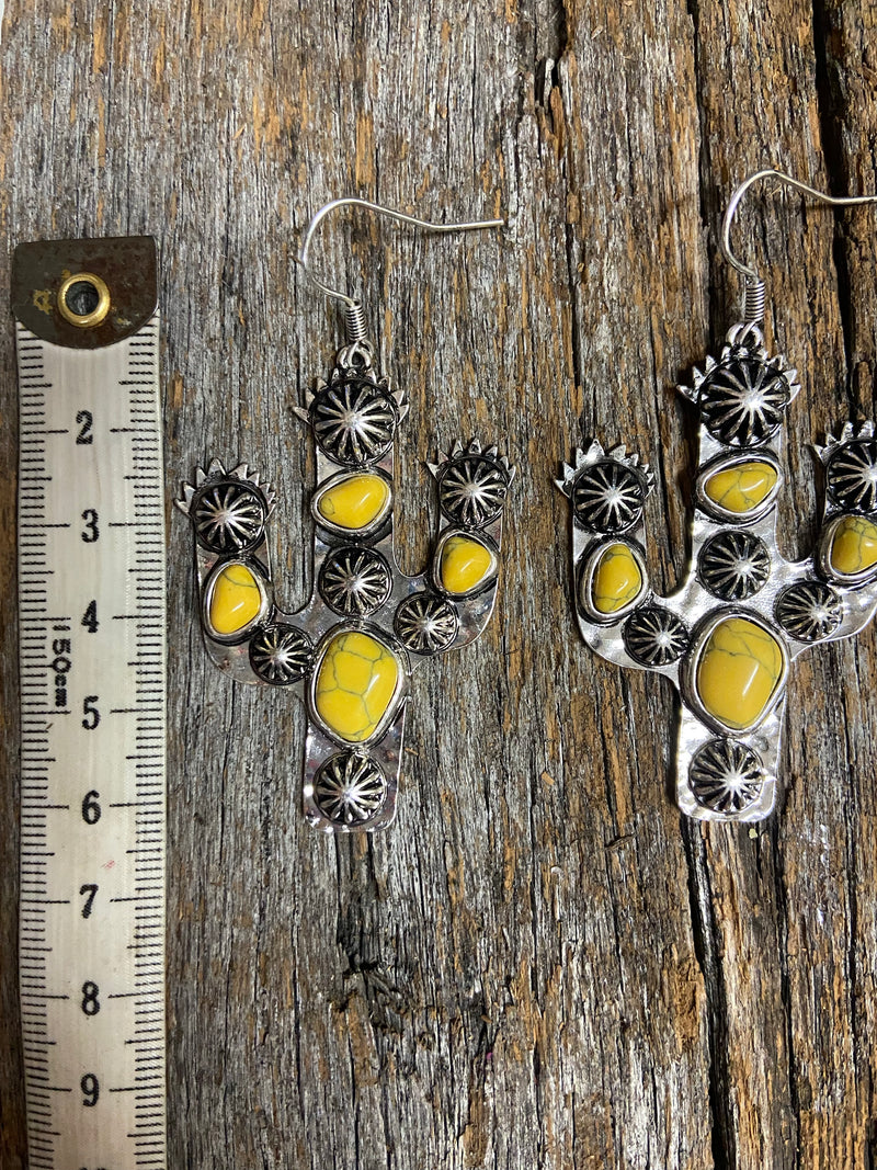 Western Earrings - Antique Silver and Mustard Cactus