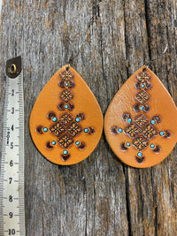 Western Earrings - Brown Turquoise and Leather Teardrop