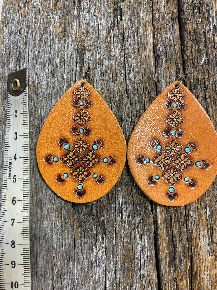 Western Earrings - Brown Turquoise and Leather Teardrop