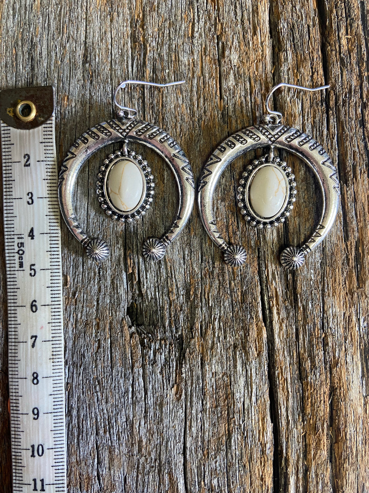 Western Earrings - Antique Silver and Natural Stone Half Hoop