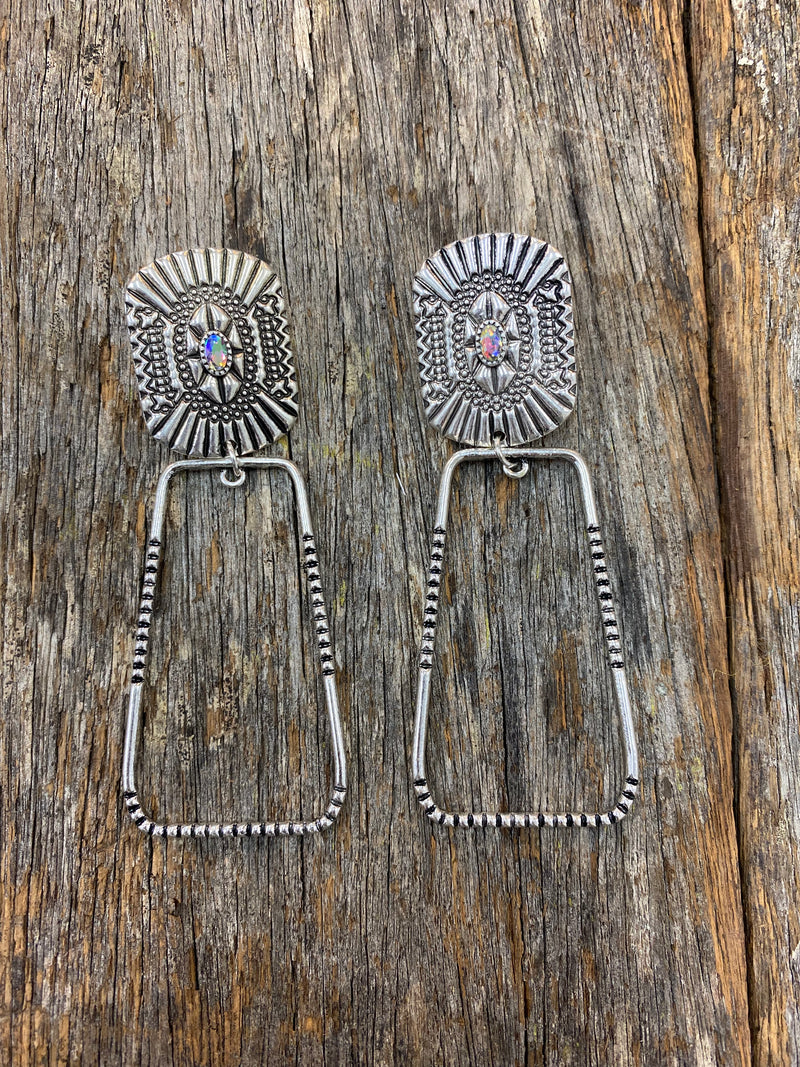 Western Earrings - Silver Concho Hex Drop