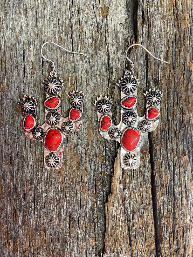 Western Earrings - Antique Silver and Red Cactus