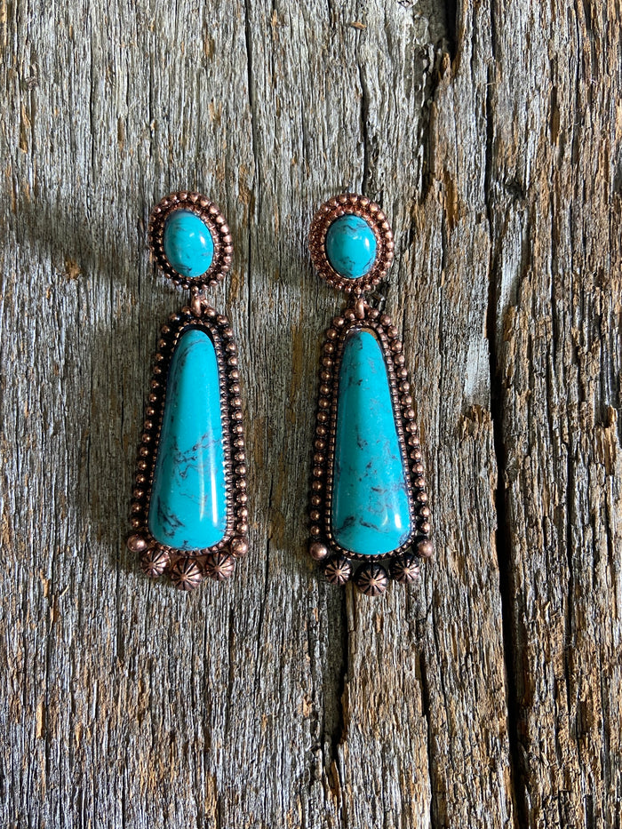 Western Earrings - Burnished Copper and Turquoise Stone Earring