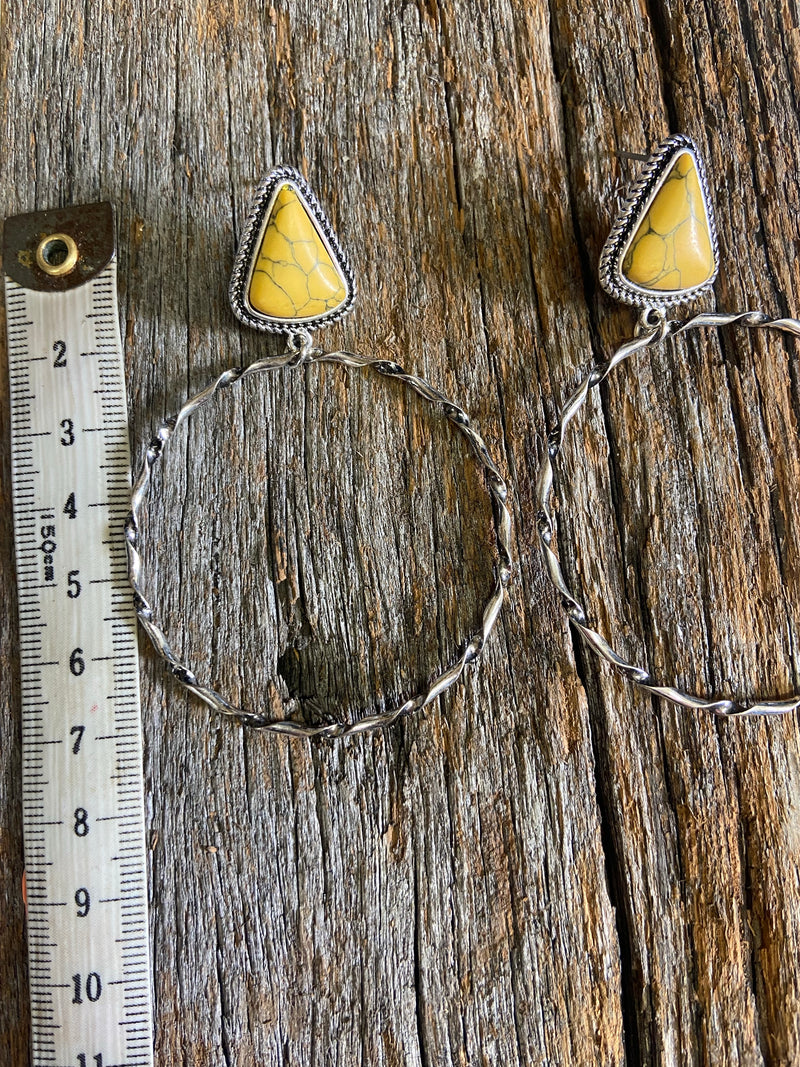 Western Earrings - Antique Silver and Mustard Stone Hoop