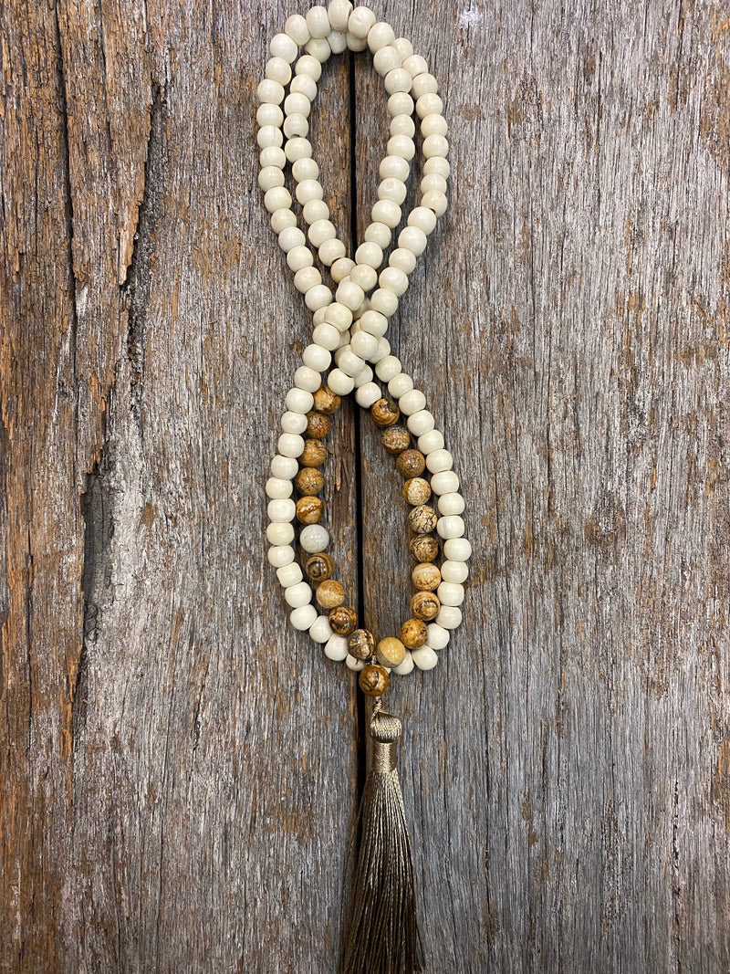 Cream Bead and Tan - Necklace