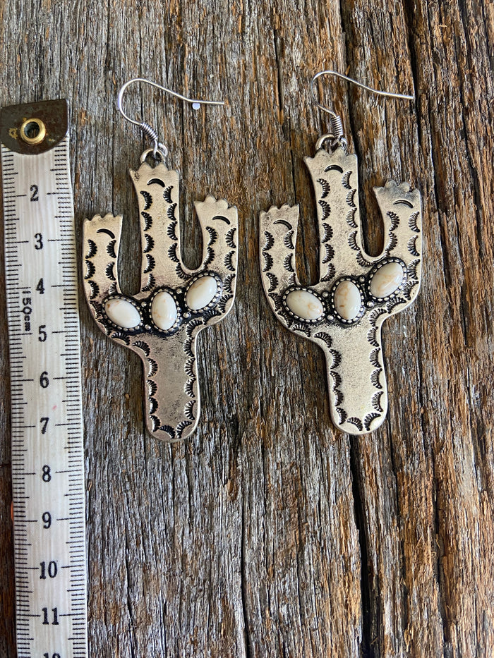 Western Earrings - Antique Silver and Natural Cactus